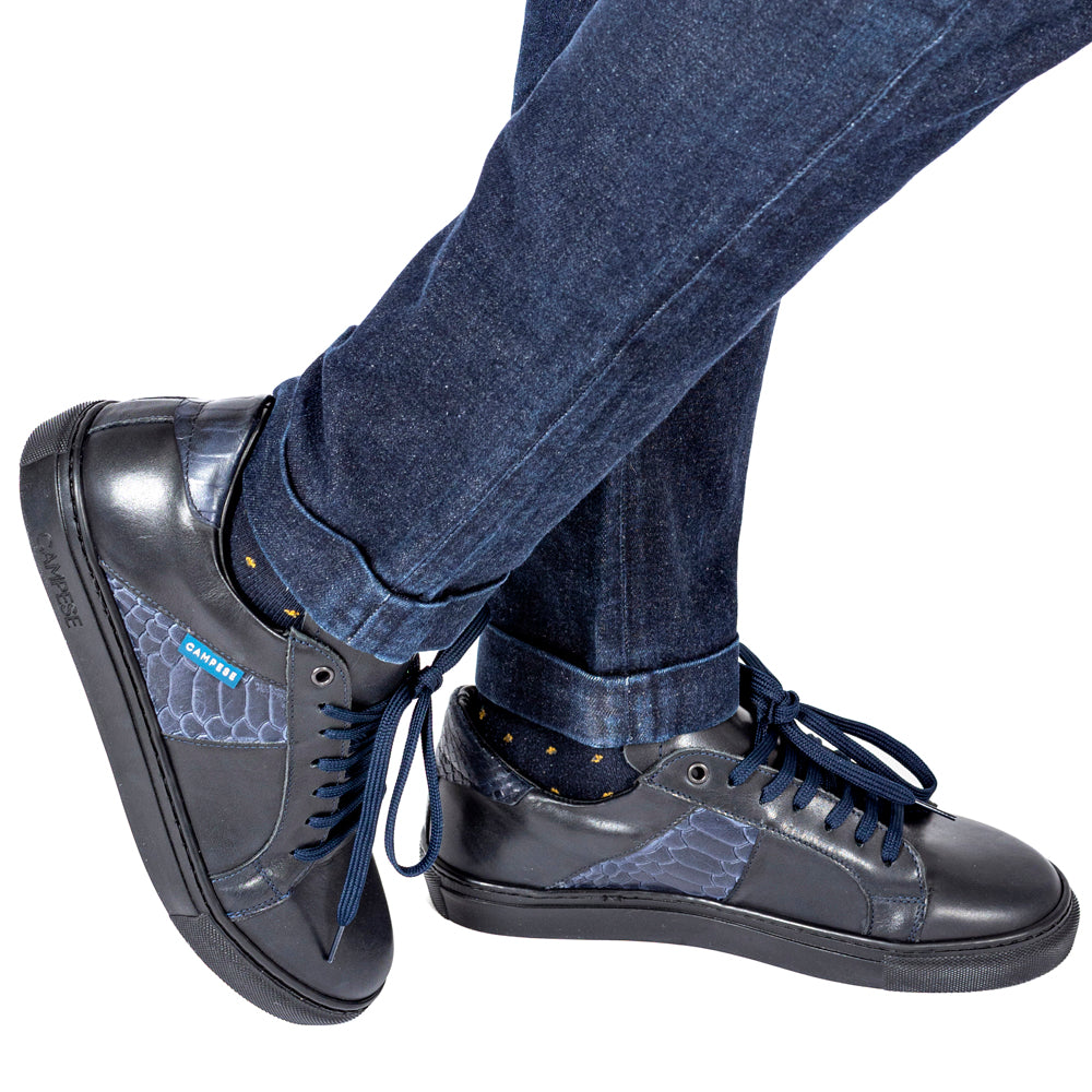 Black leather sneakers with blue inserts