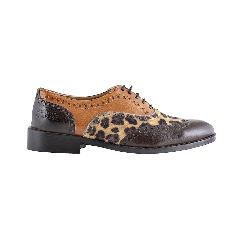 Women's brown leather and animalier ponyskin brogue