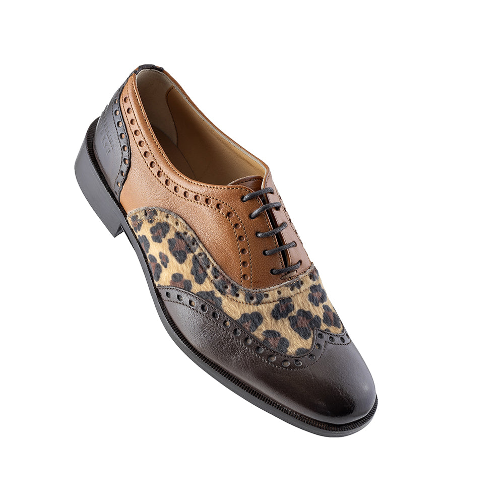 Women's brown leather and animalier ponyskin brogue