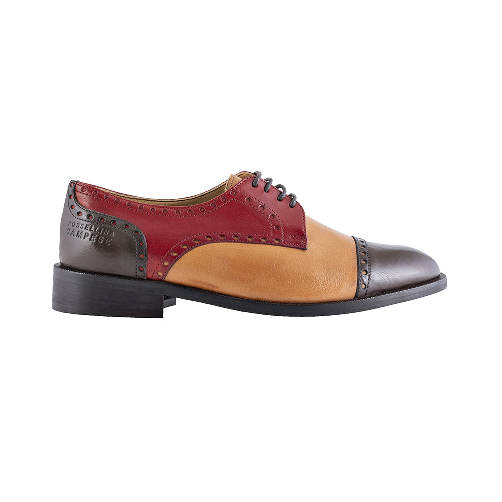 Richelieu femme marron, cuir et rouge