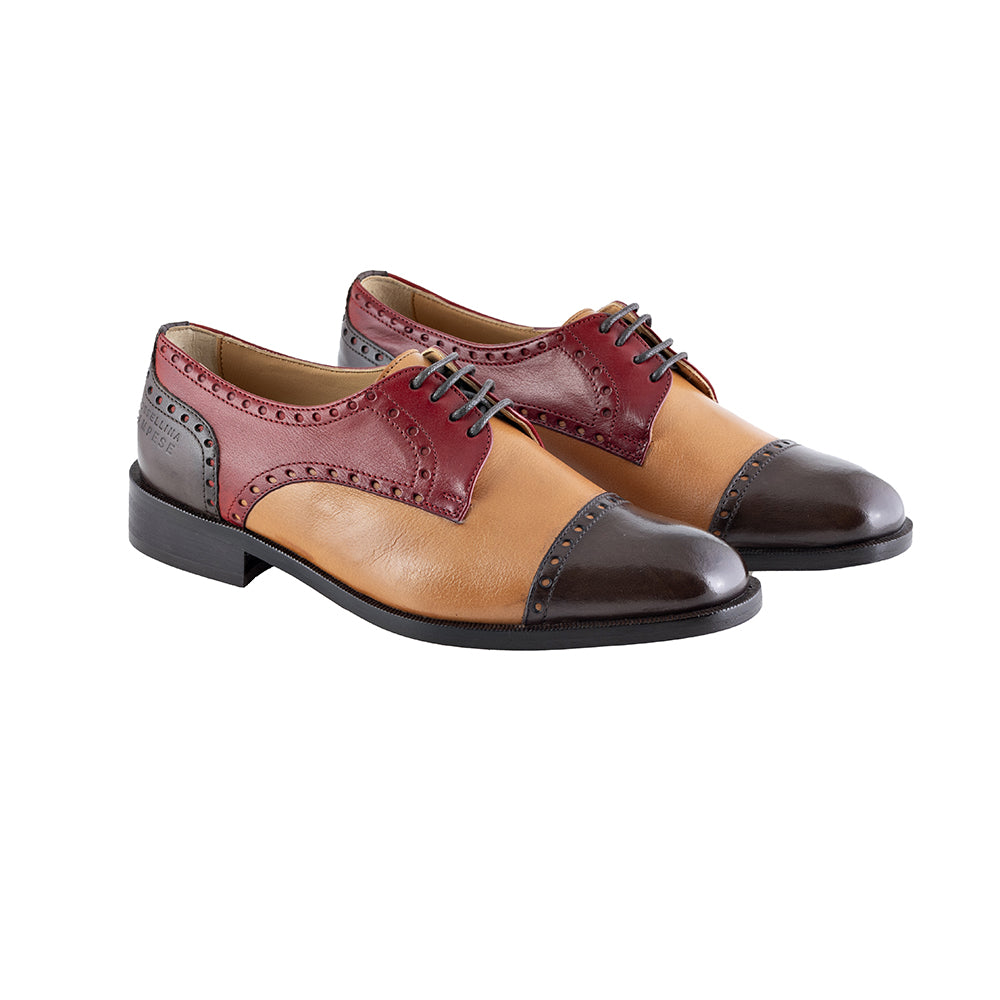 Richelieu femme marron, cuir et rouge