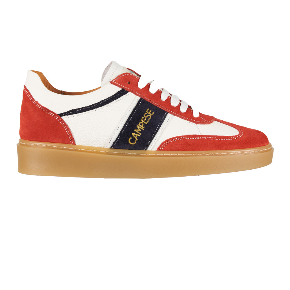 White leather and red suede sneakers