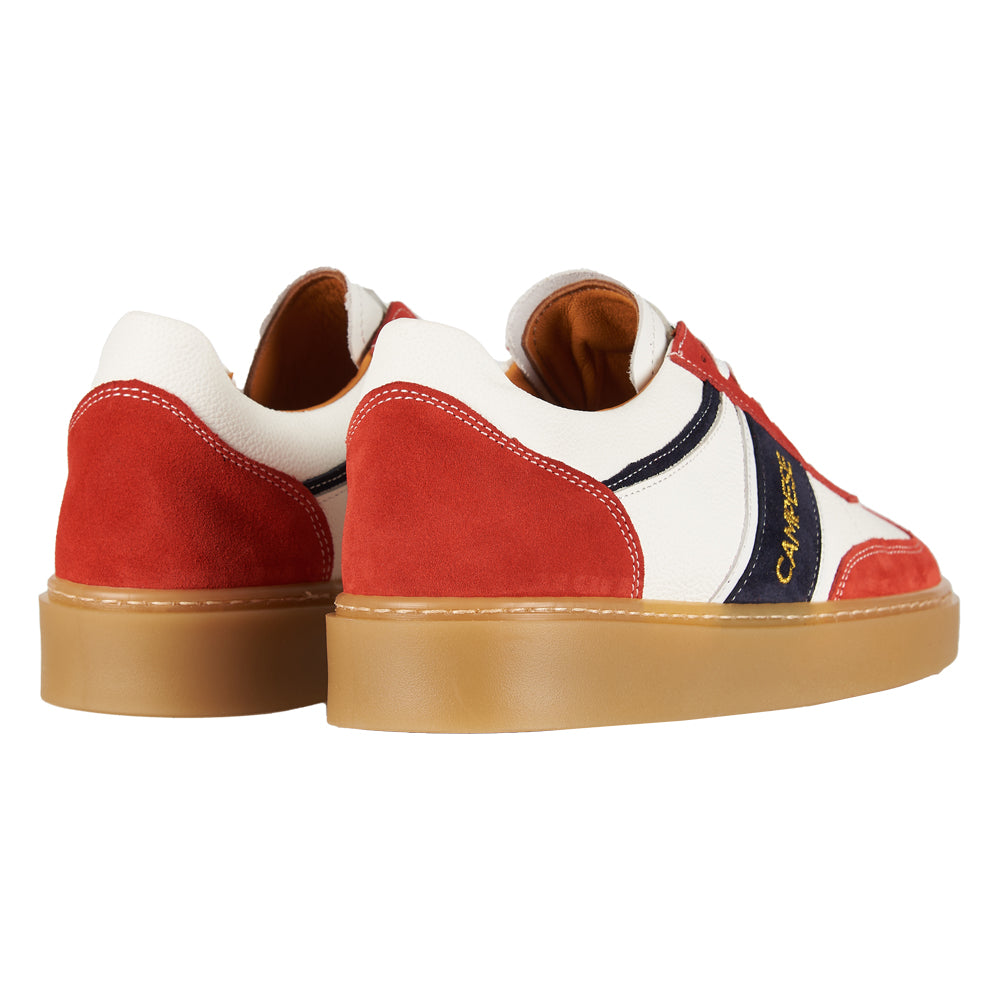 White leather and red suede sneakers
