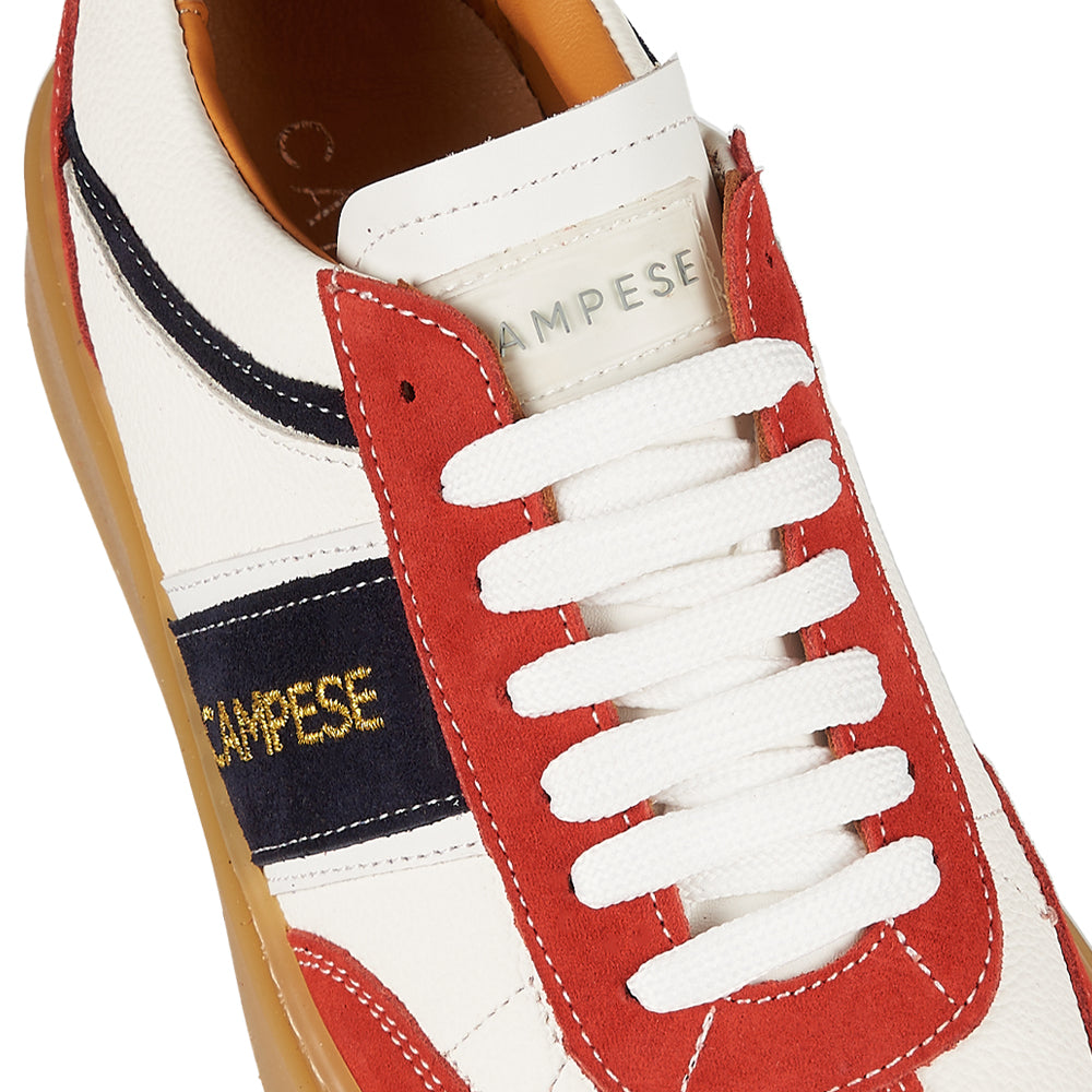 White leather and red suede sneakers