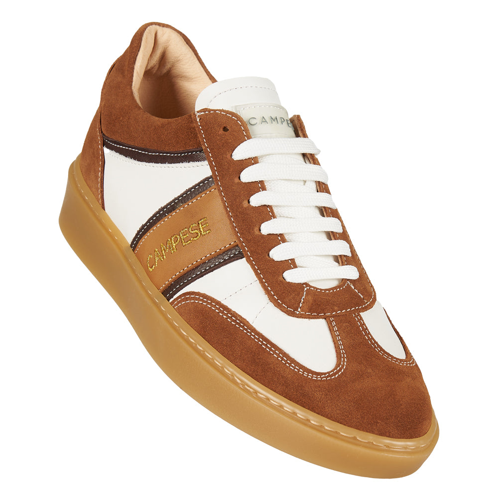 Sneakers in white leather and tobacco suede