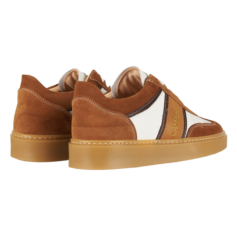 Sneakers in white leather and tobacco suede