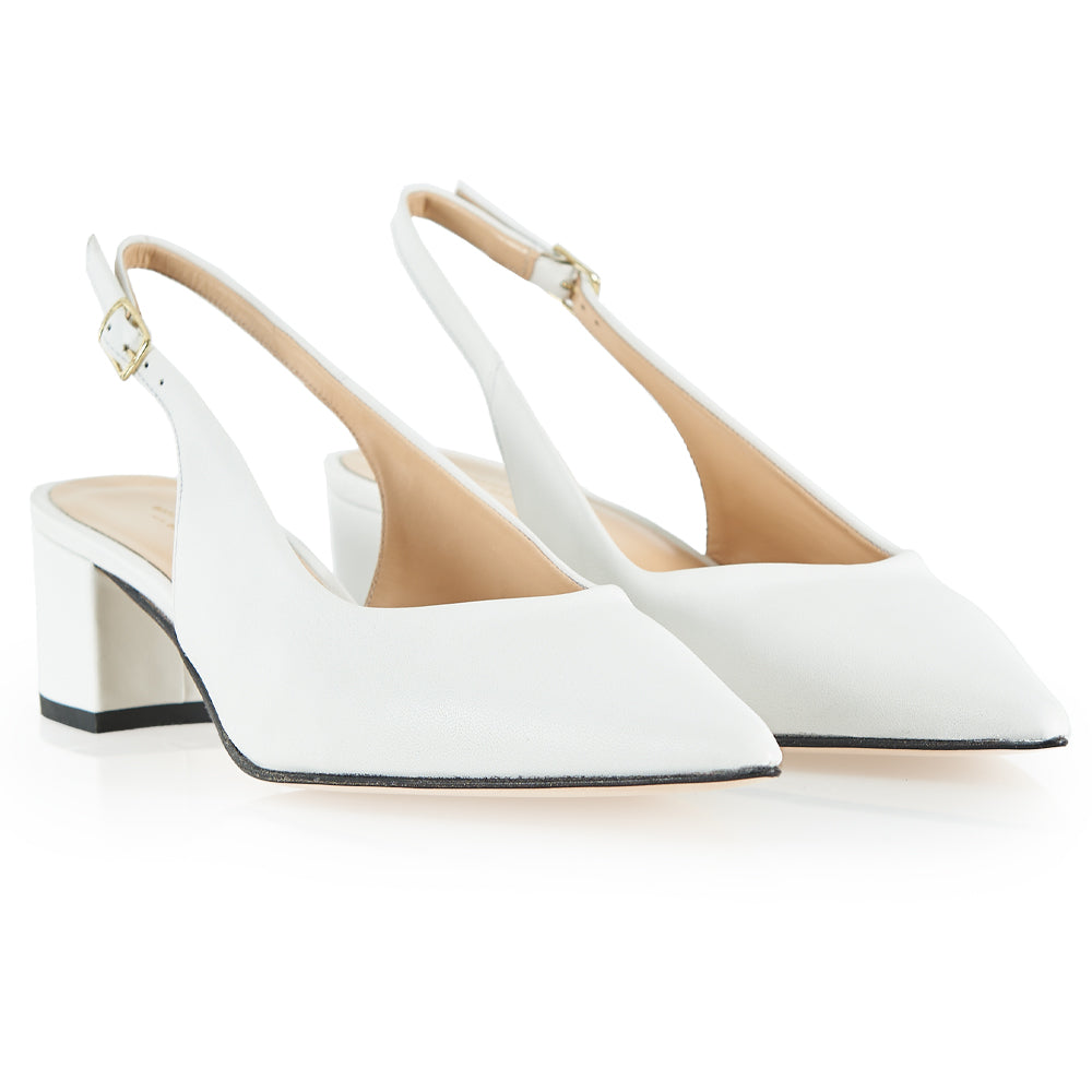 Slingback in pelle bianca tacco basso
