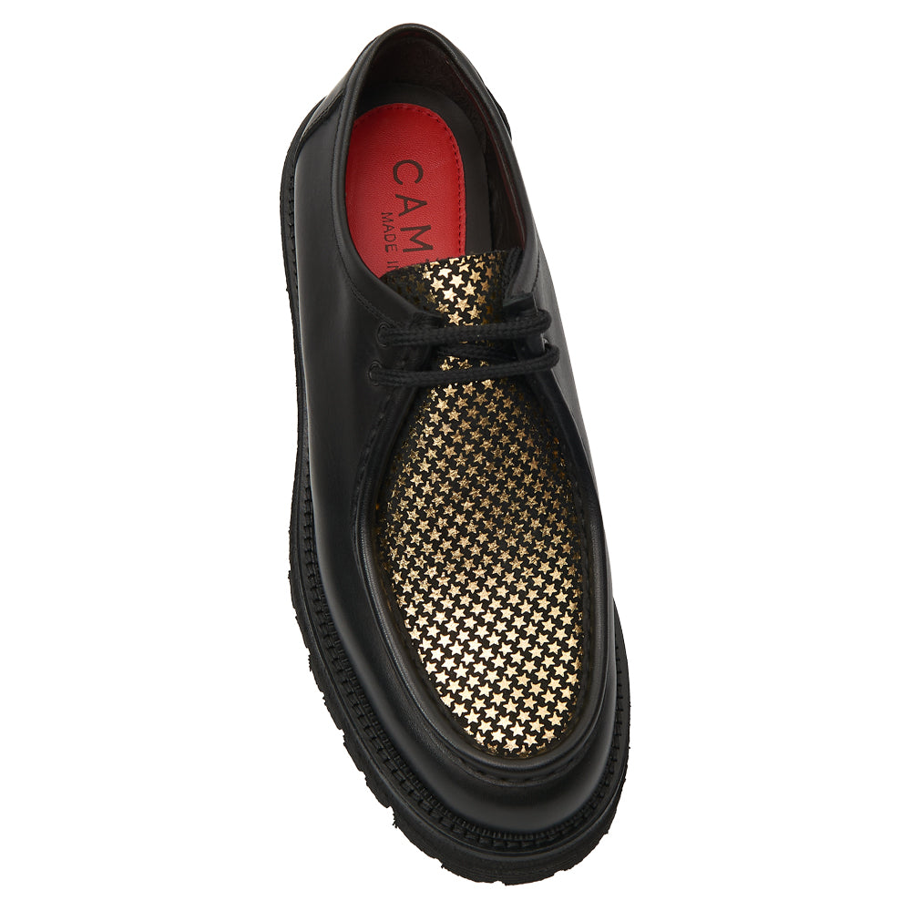 Scarpa Stringata Tirolese in Pelle Nera con Vaschetta a Stelline Dorate e Suola Lug