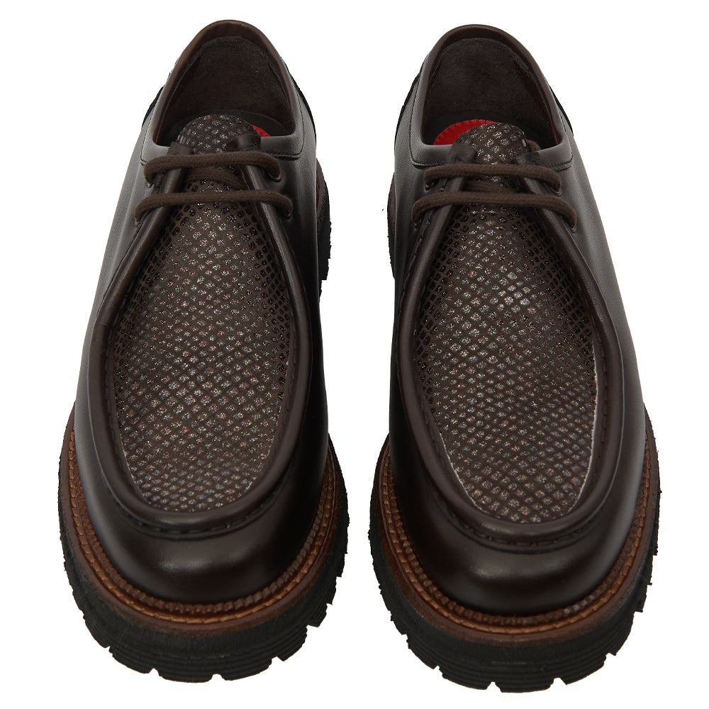 Scarpa Stringata Tirolese in Pelle Testa di Moro con Vaschetta a Fantasia e Suola Lug
