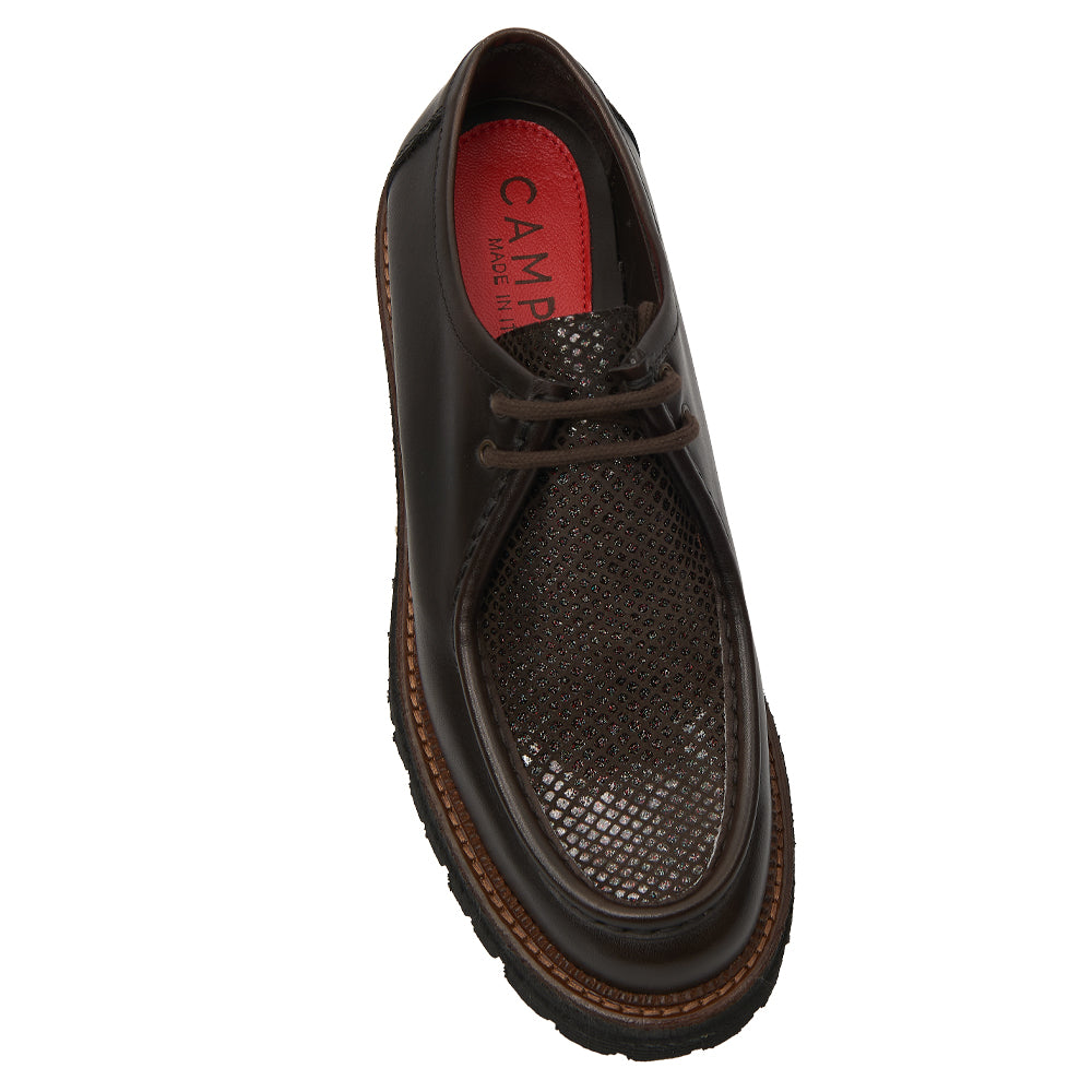 Scarpa Stringata Tirolese in Pelle Testa di Moro con Vaschetta a Fantasia e Suola Lug