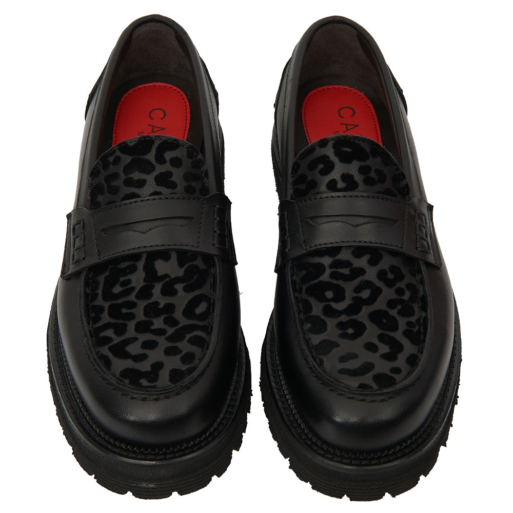 Penny Loafer in Black Leather with Leopard-Print Insole and Lug Sole
