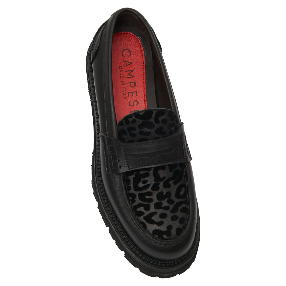 Penny Loafer in Black Leather with Leopard-Print Insole and Lug Sole