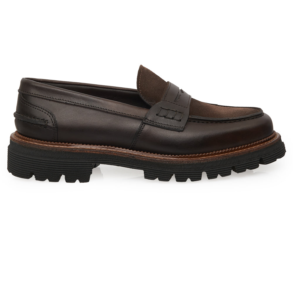 Penny Loafer in Dark Brown Leather with Suede Insole and Lug Sole