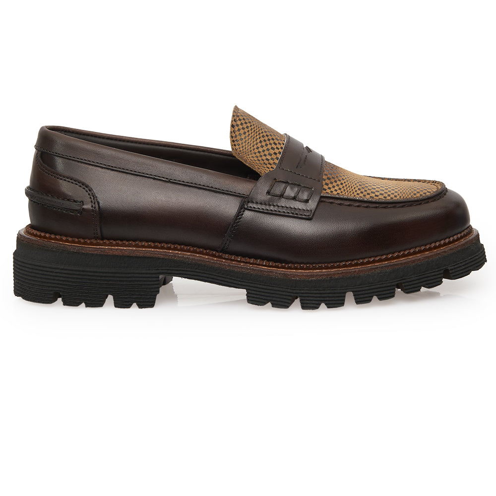 Mocassino Penny Loafer in Pelle Testa di Moro con Vaschetta a Fantasia e Suola Lug