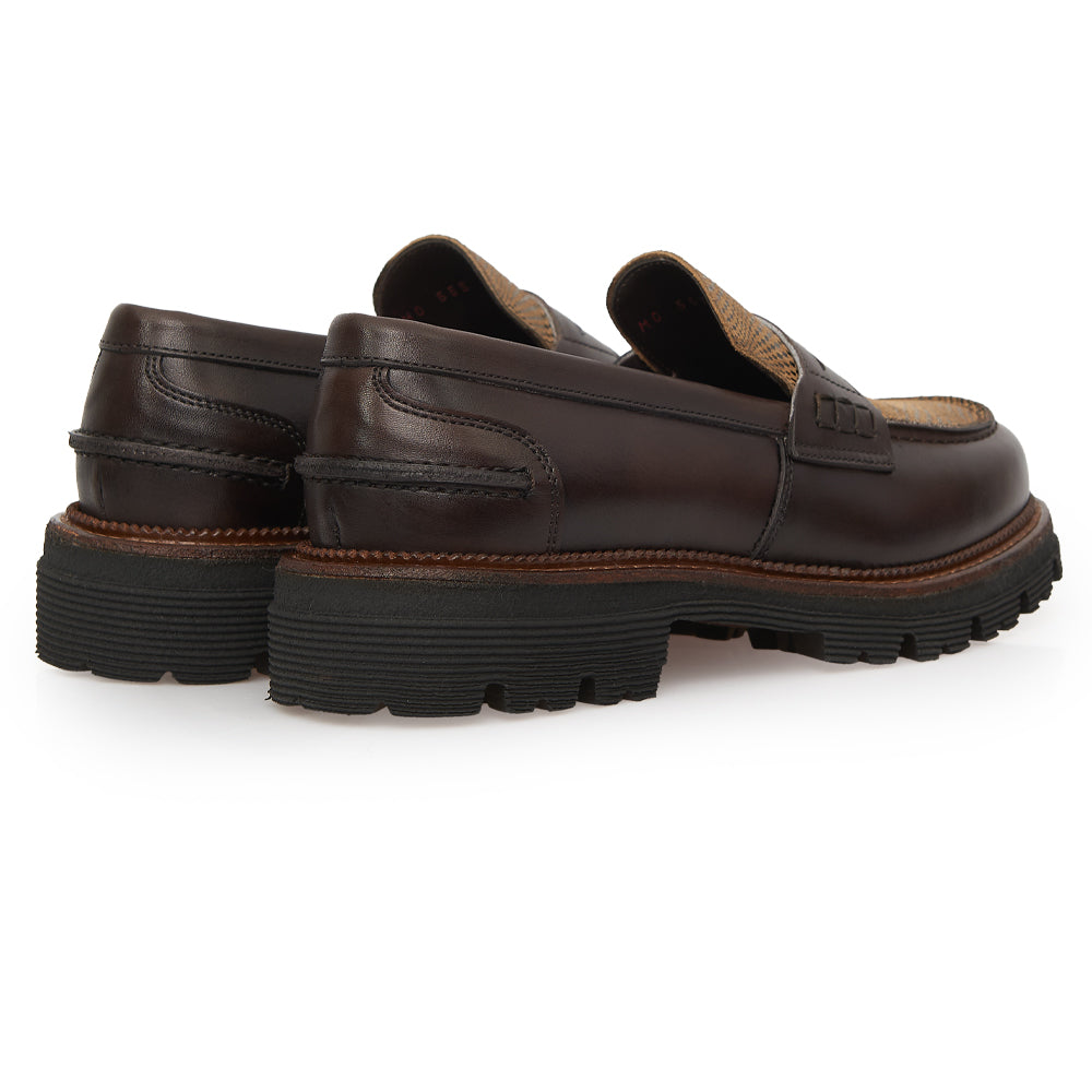 Mocassino Penny Loafer in Pelle Testa di Moro con Vaschetta a Fantasia e Suola Lug