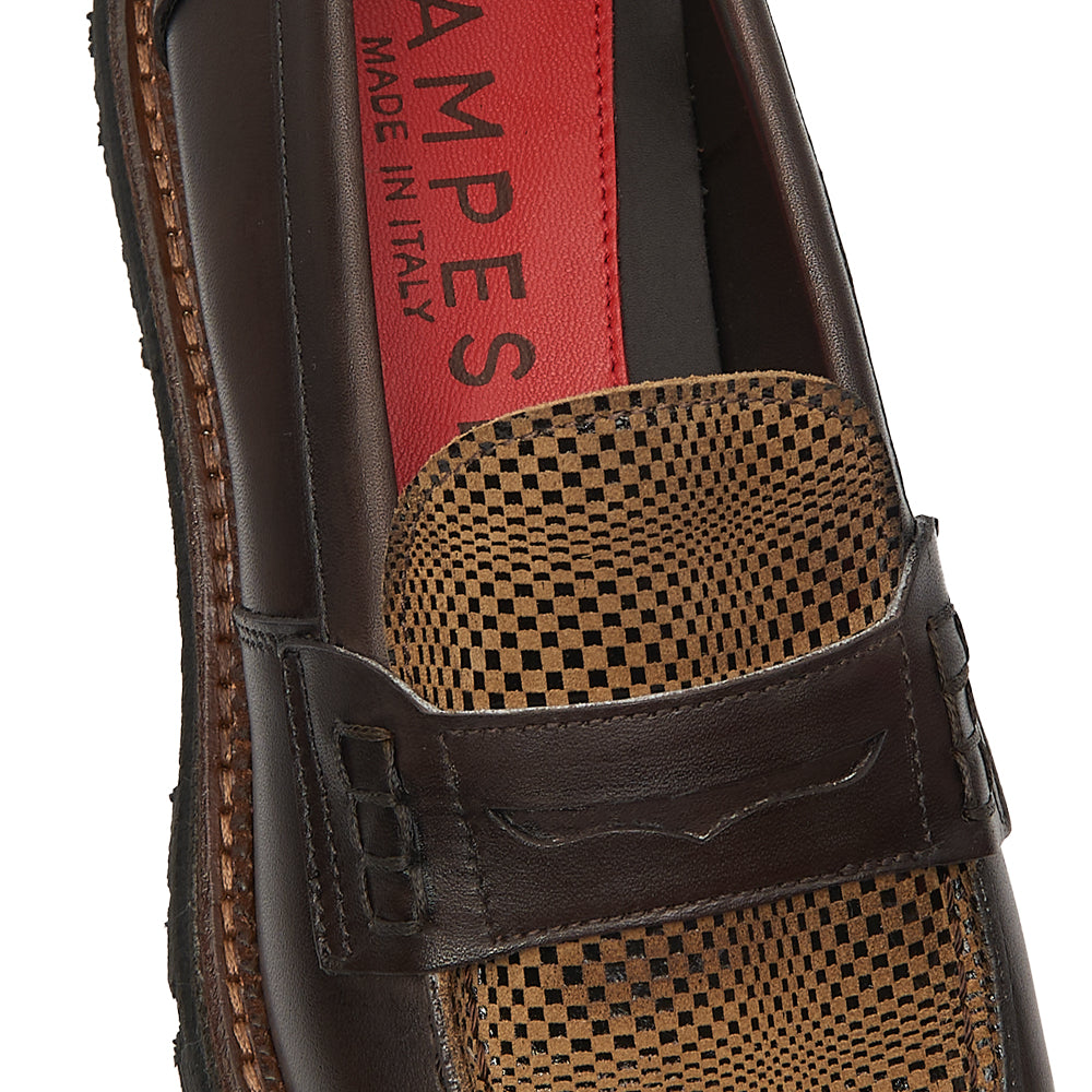 Mocassino Penny Loafer in Pelle Testa di Moro con Vaschetta a Fantasia e Suola Lug