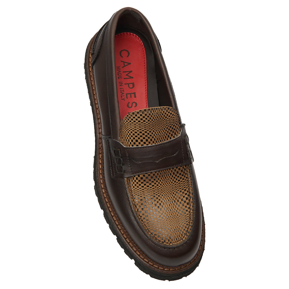 Mocassino Penny Loafer in Pelle Testa di Moro con Vaschetta a Fantasia e Suola Lug
