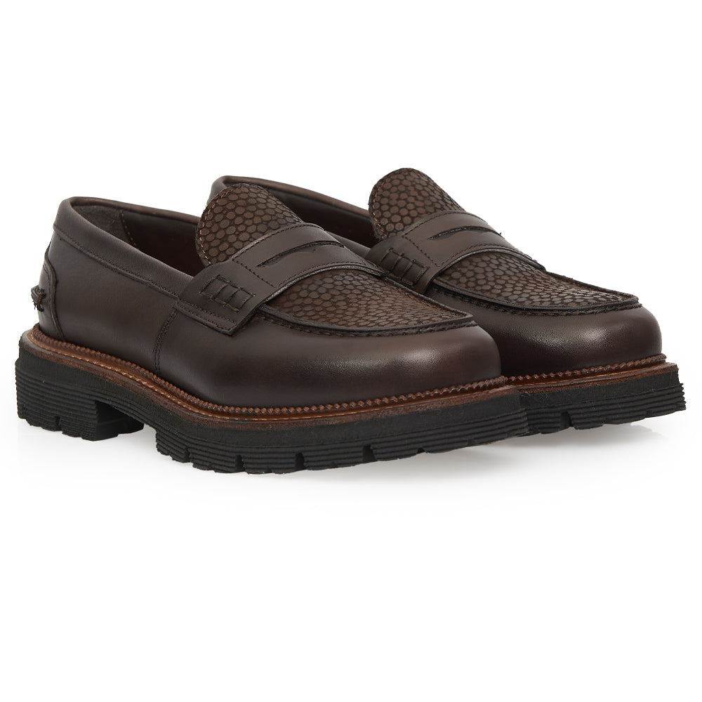 Mocassin Penny Loafer en Cuir Brun Fauve avec Empiècement Texturé à Micro-Points et Semelle à Goussets