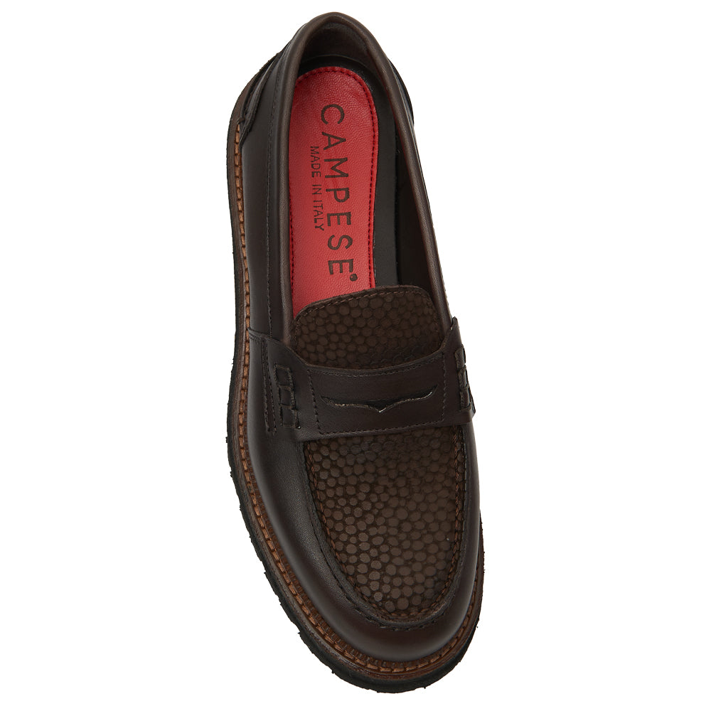 Mocassin Penny Loafer en Cuir Brun Fauve avec Empiècement Texturé à Micro-Points et Semelle à Goussets