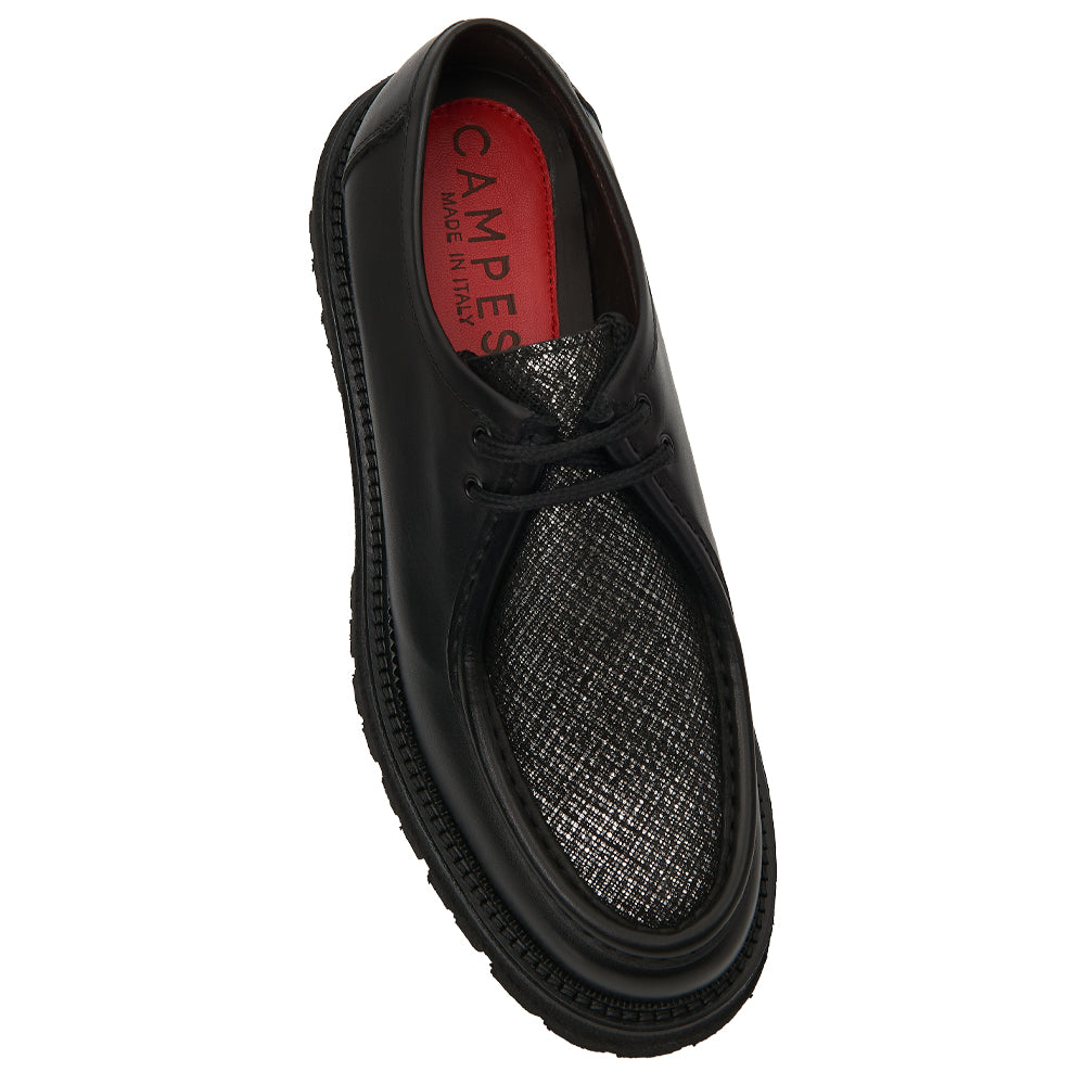 Scarpa stringata tirolese in pelle nera, camoscio argento e Suola Lug