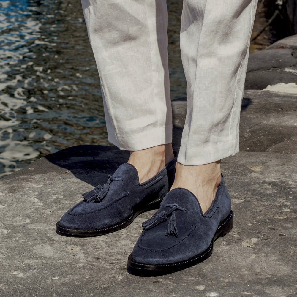 Mocassino tassels sfoderato in camoscio blu