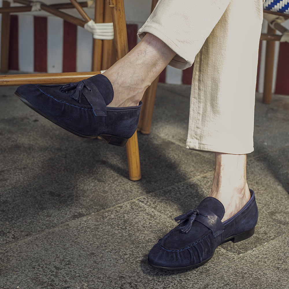 Mocassino Tassel Light Summer Camoscio Blu - lavorazione Bologna