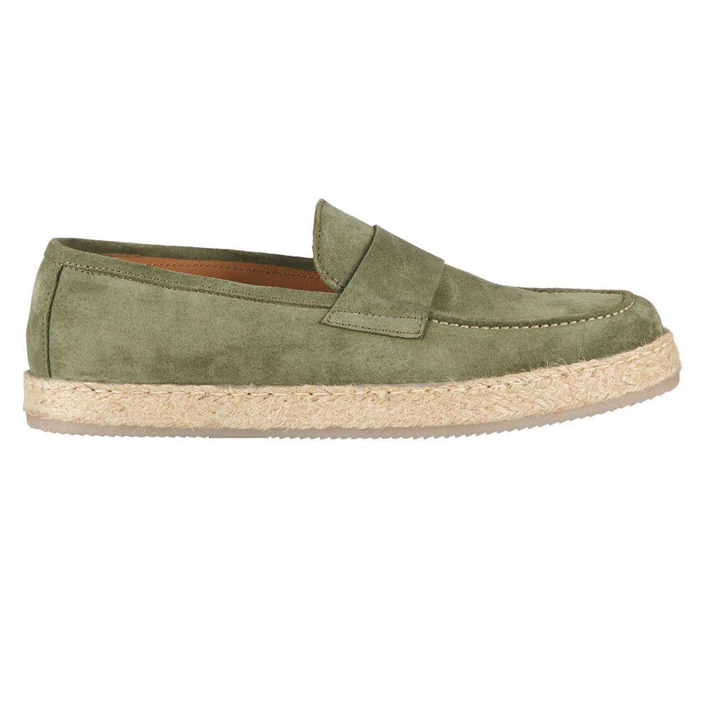 Mocassino artigianale in camoscio fondo corda - verde oliva