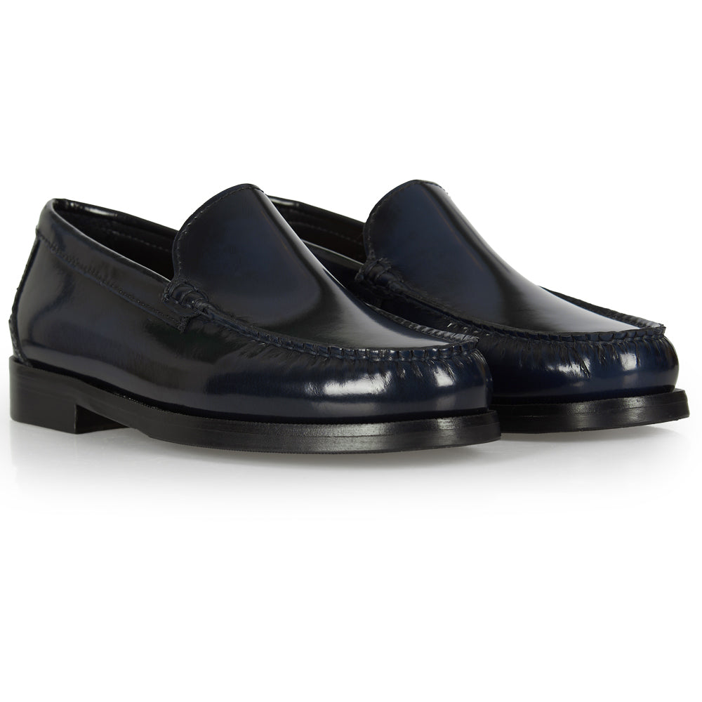 Classic blue moccasin with hand stitching