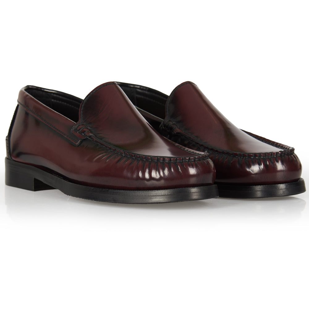 Classic burgundy moccasin with hand stitching