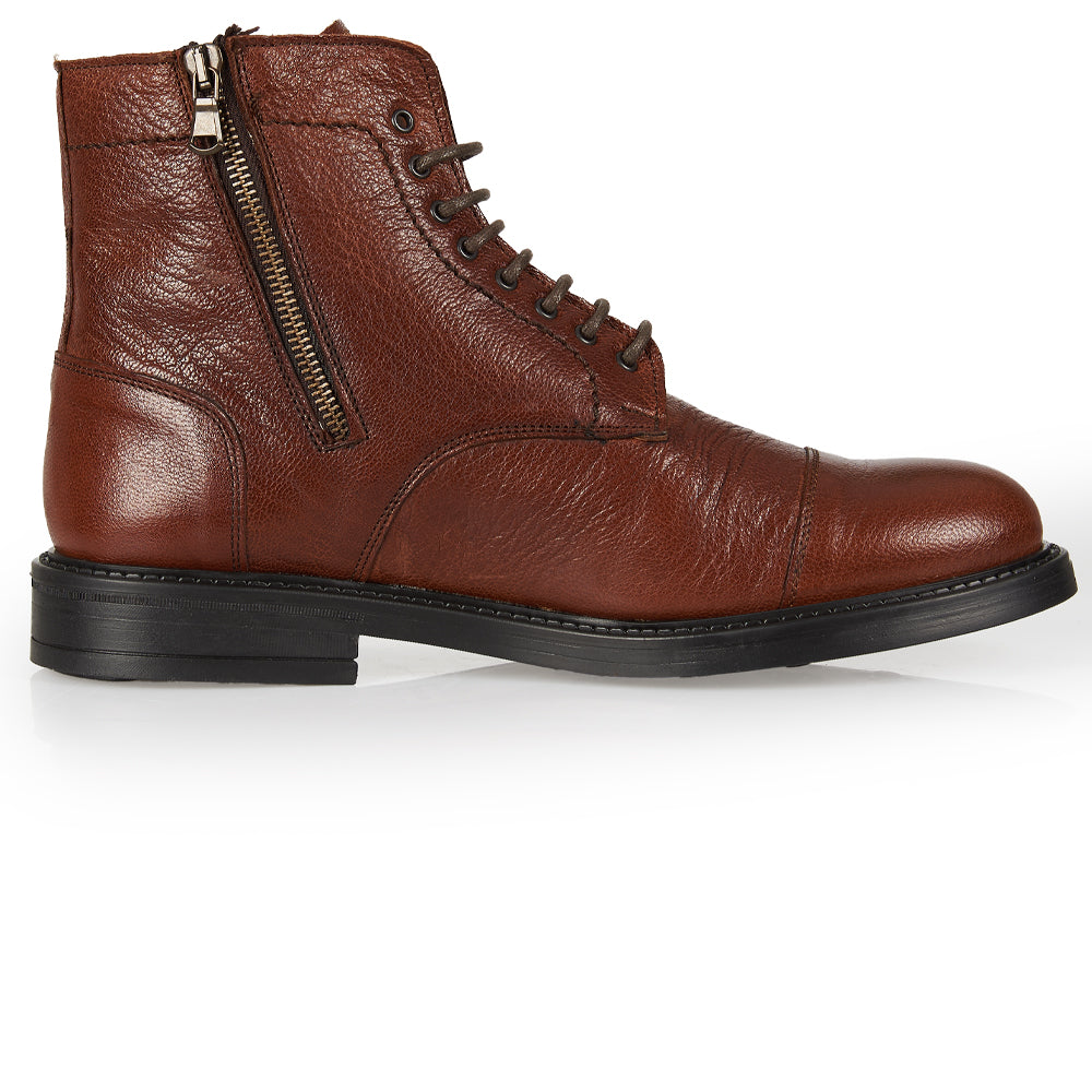 Stivaletto stringato cuoio con allaccio e cerniera