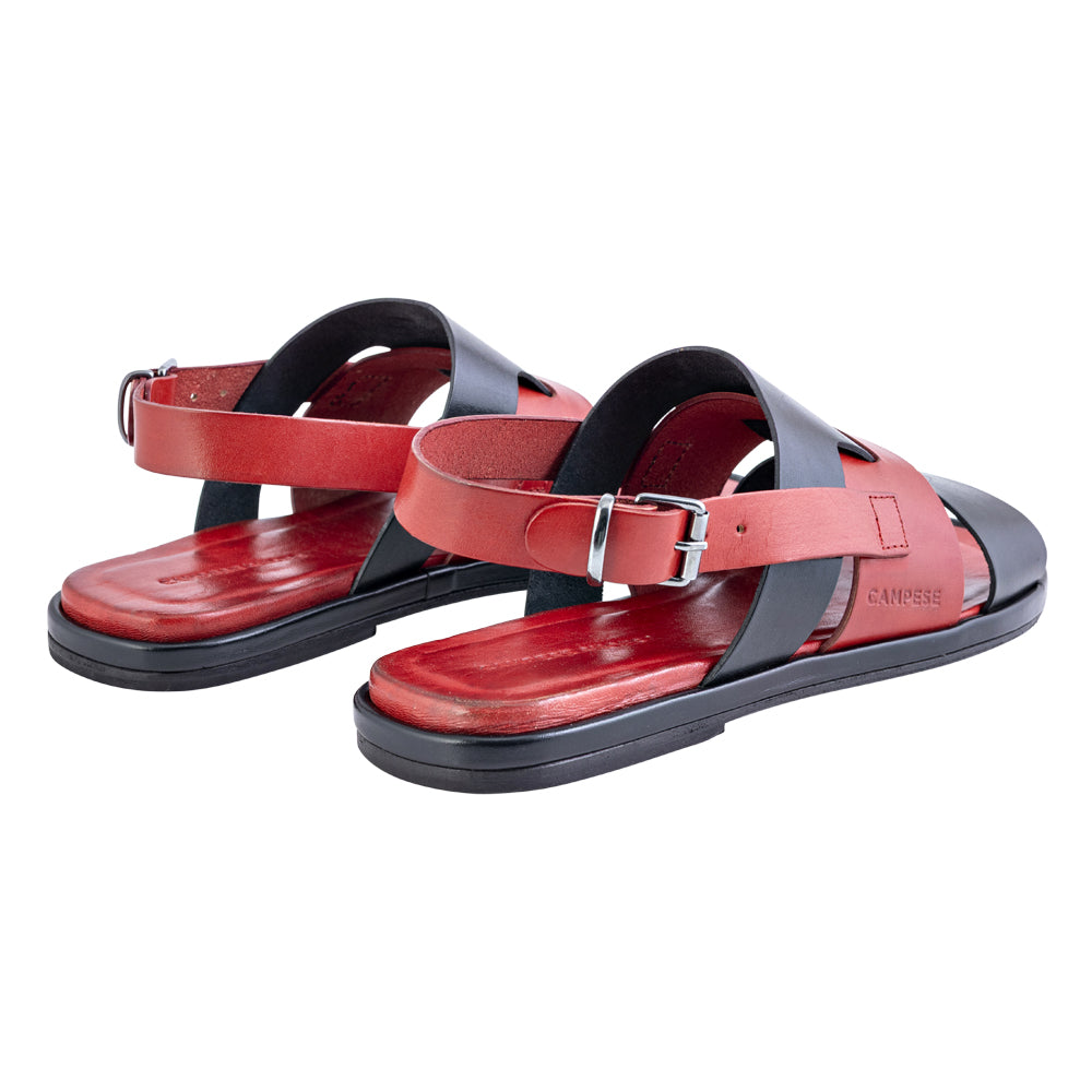 Sandale enveloppée de cuir noir et rouge