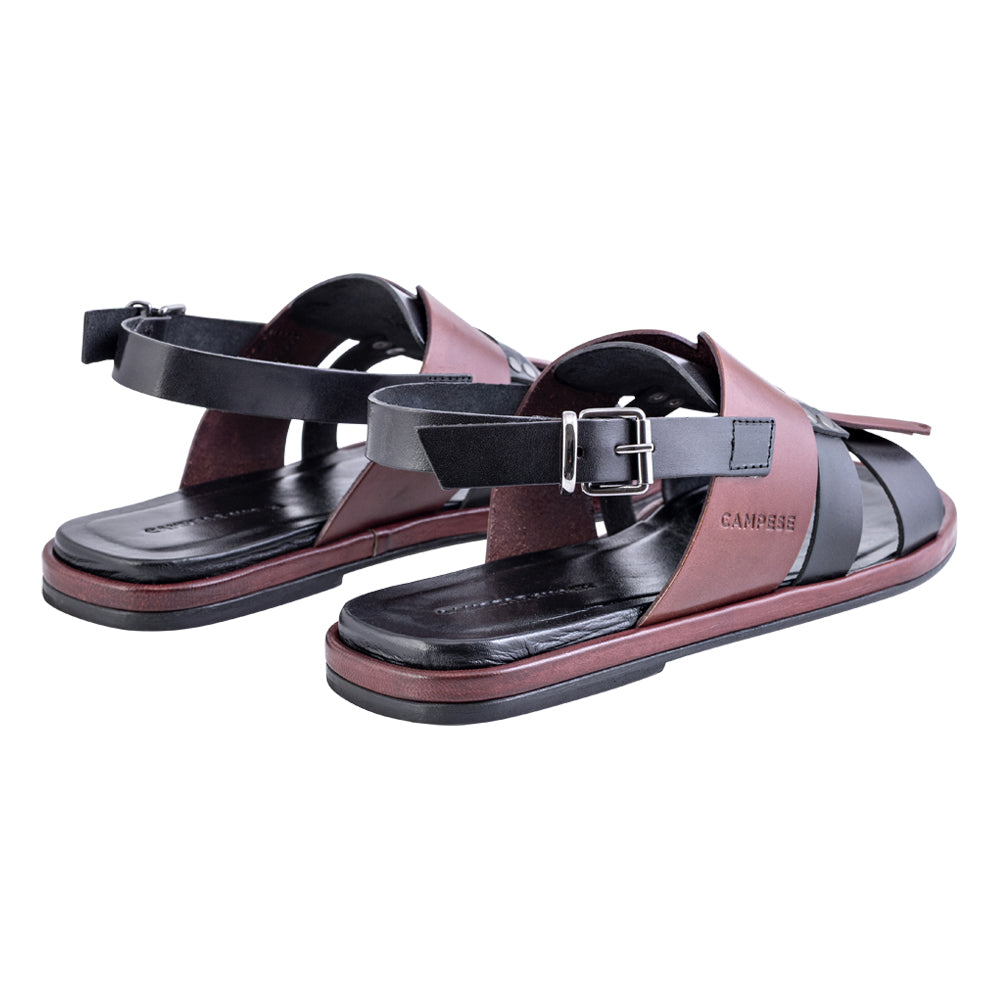 Sandalo con frangia in pelle nera e bordeaux
