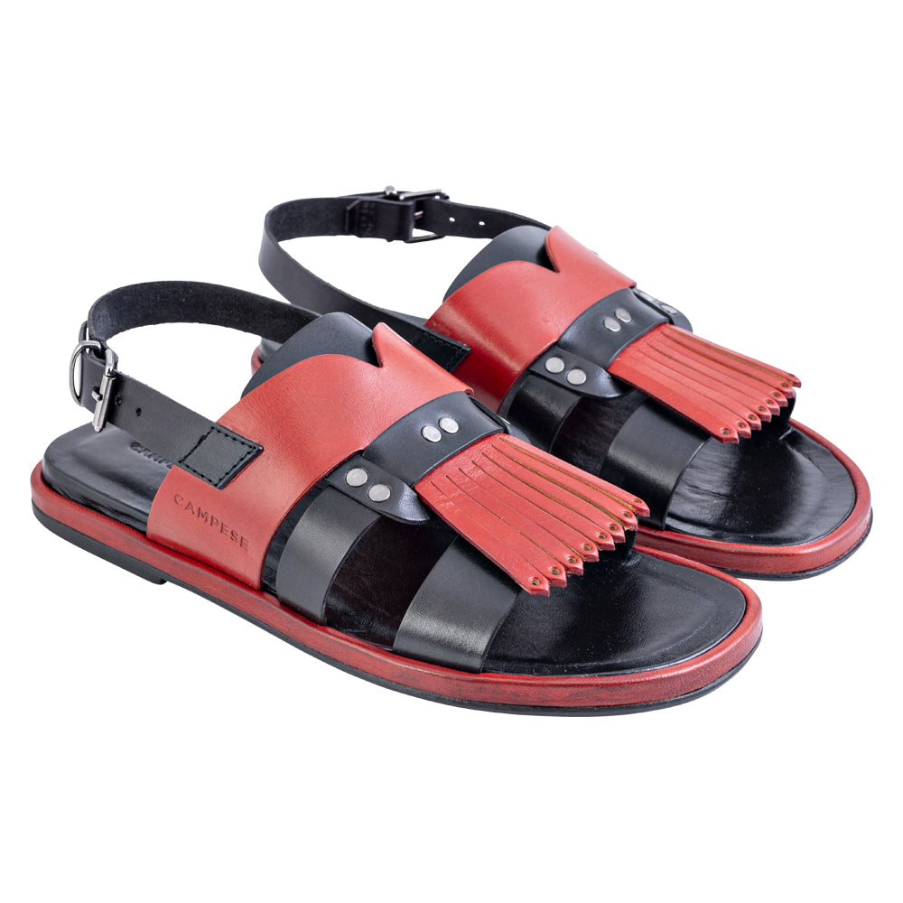 Sandalo con frangia in pelle nero e rosso