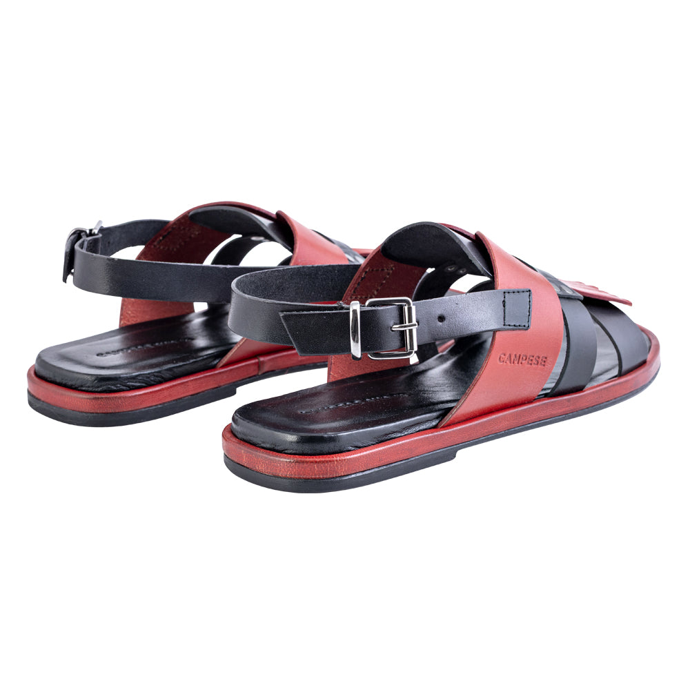 Sandalo con frangia in pelle nero e rosso