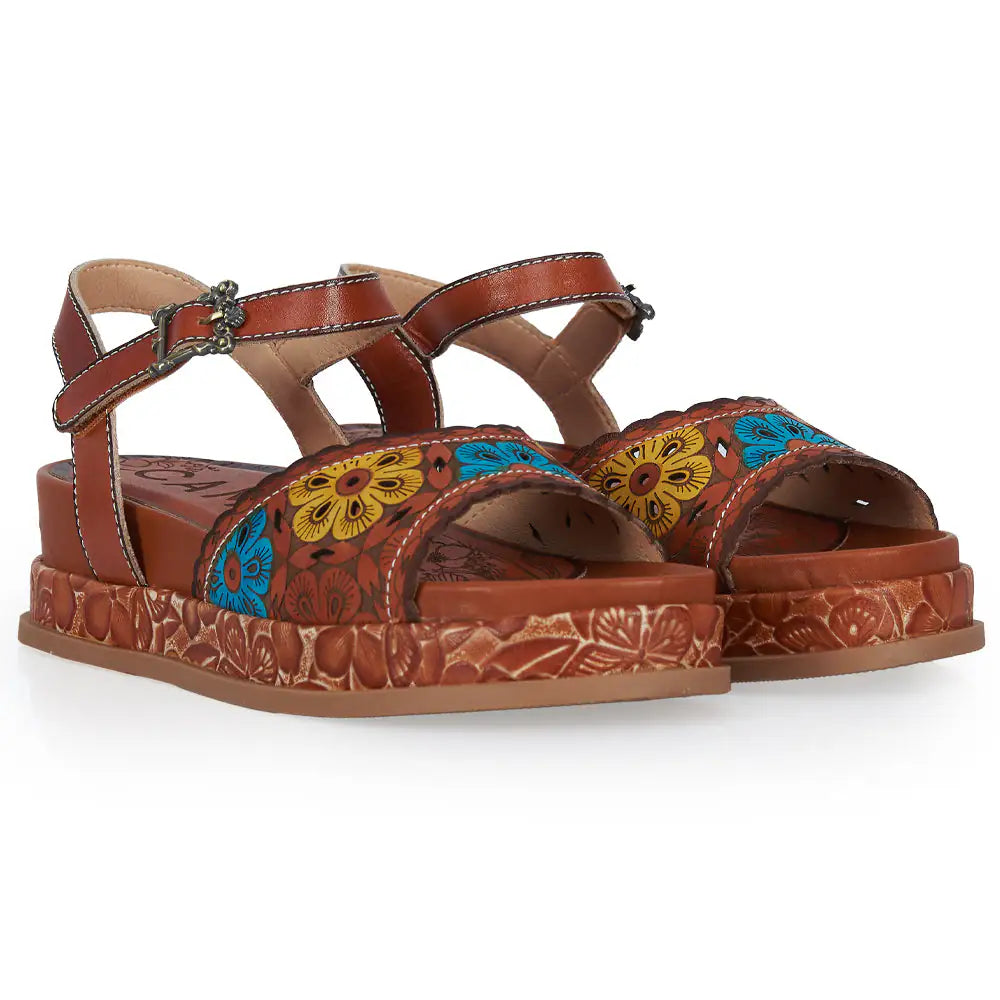 Sandalo Platform stile floreale - cuoio