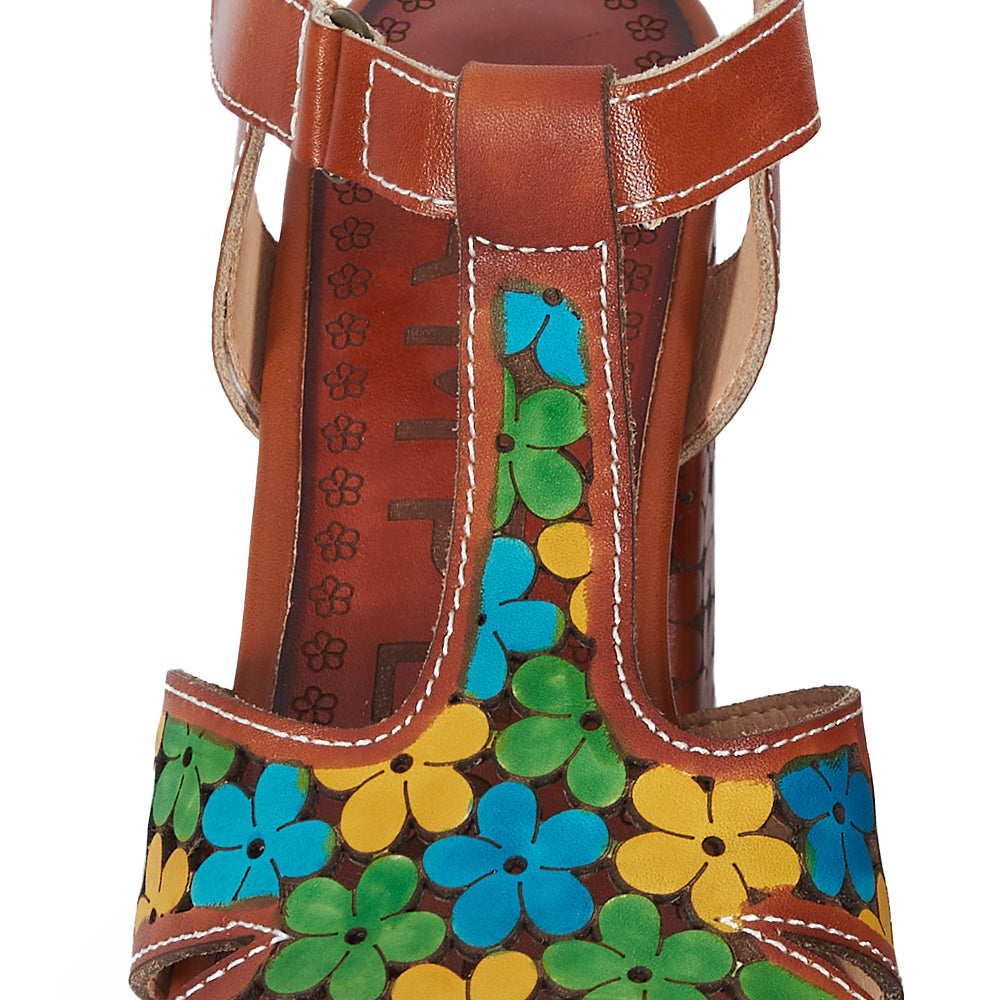 Sandalo T-Strap stile Floreali - cuoio