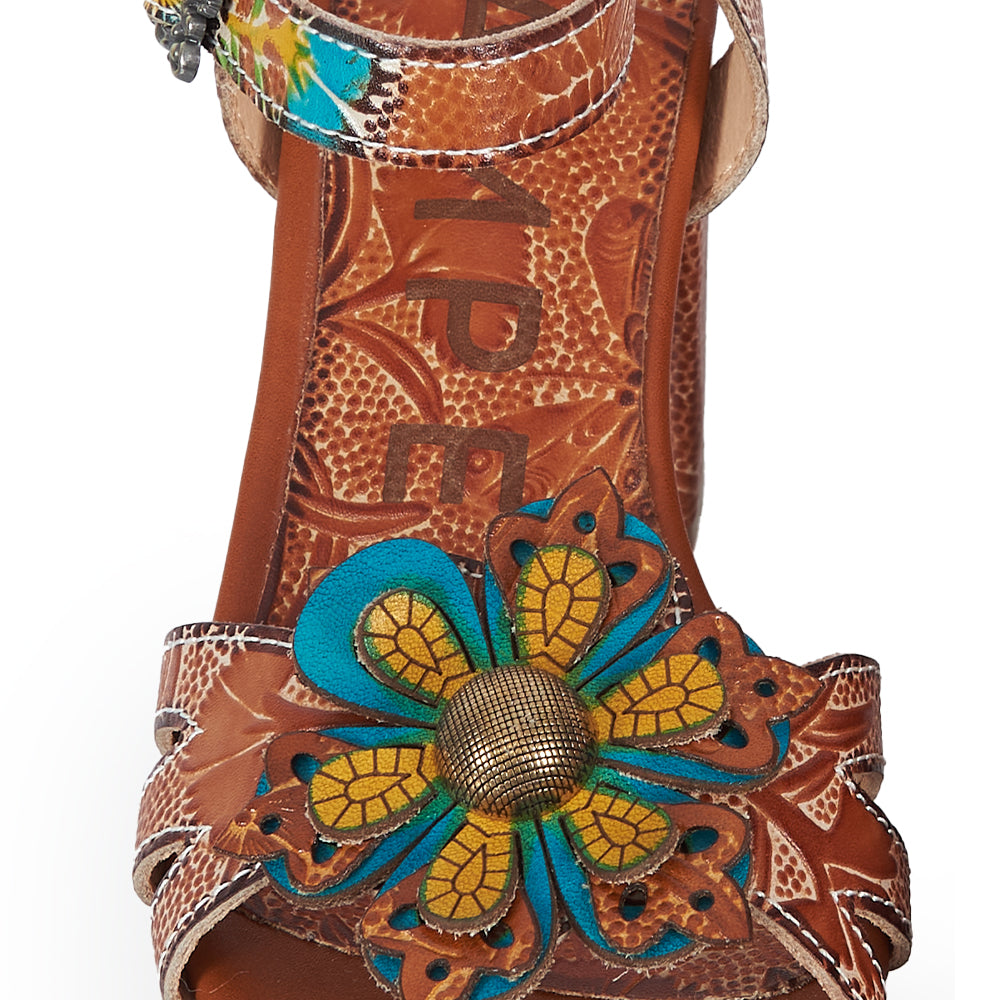 Sandalo t-strap stile floreale - cuoio fiore