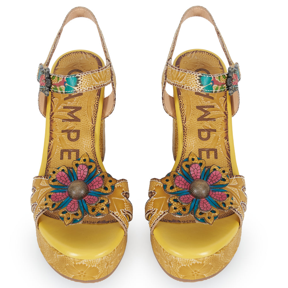 Sandalo t-strap stile floreale - ocra fiore