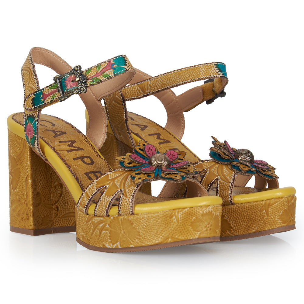 Sandalo t-strap stile floreale - ocra fiore