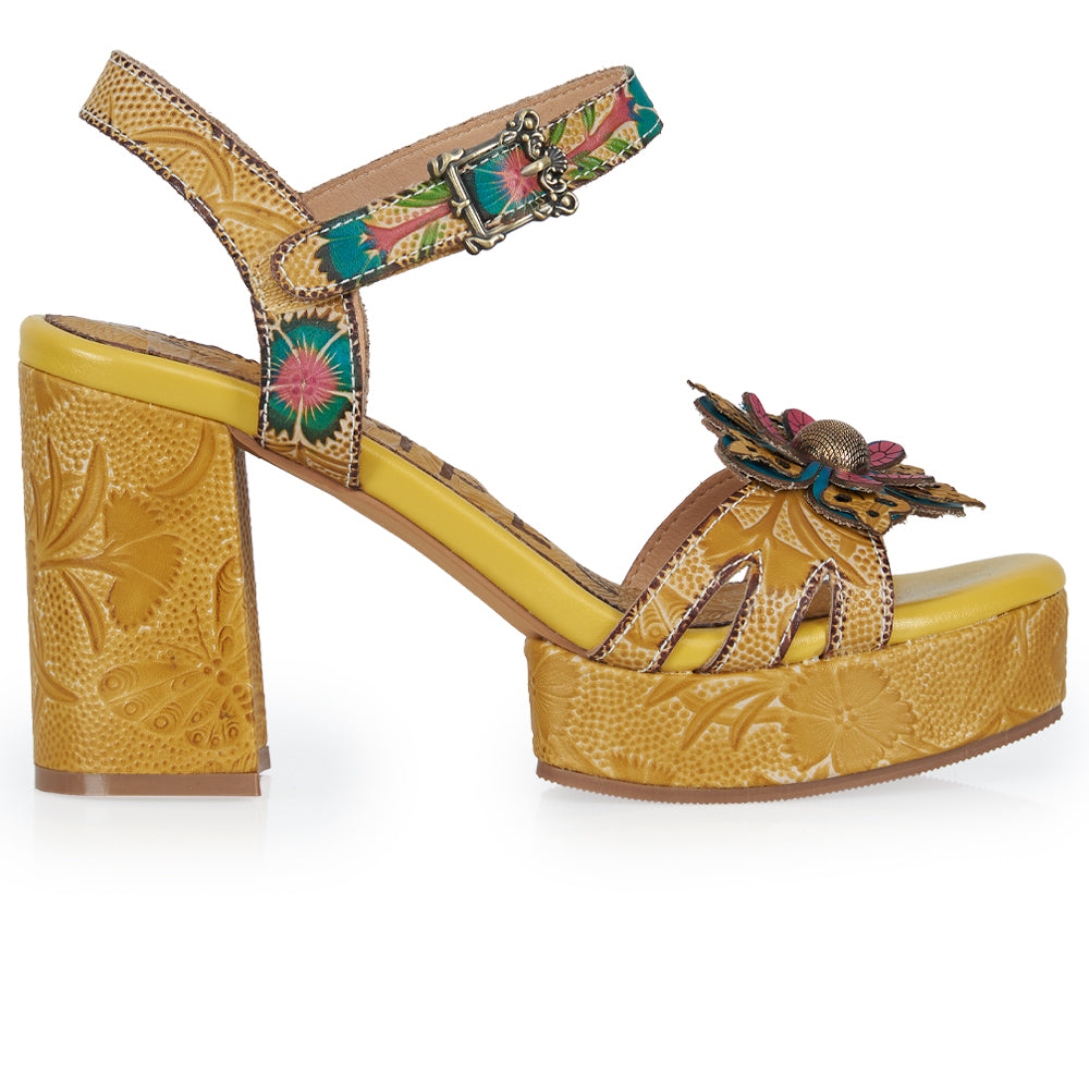 Sandalo t-strap stile floreale - ocra fiore