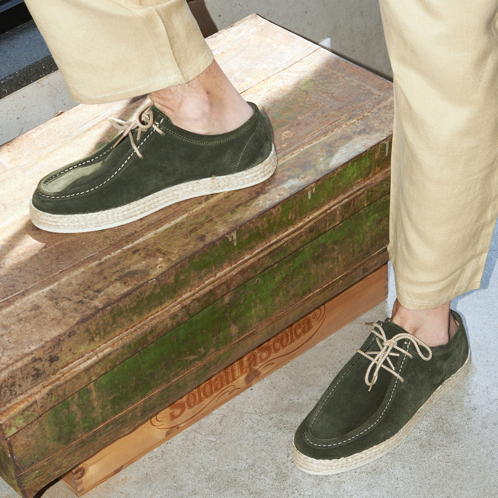 Engineer suede forest green rubberized rope sole