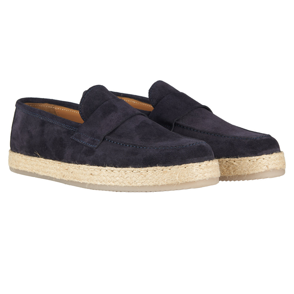 Mocassin en daim bleu avec semelle en corde caoutchoutée