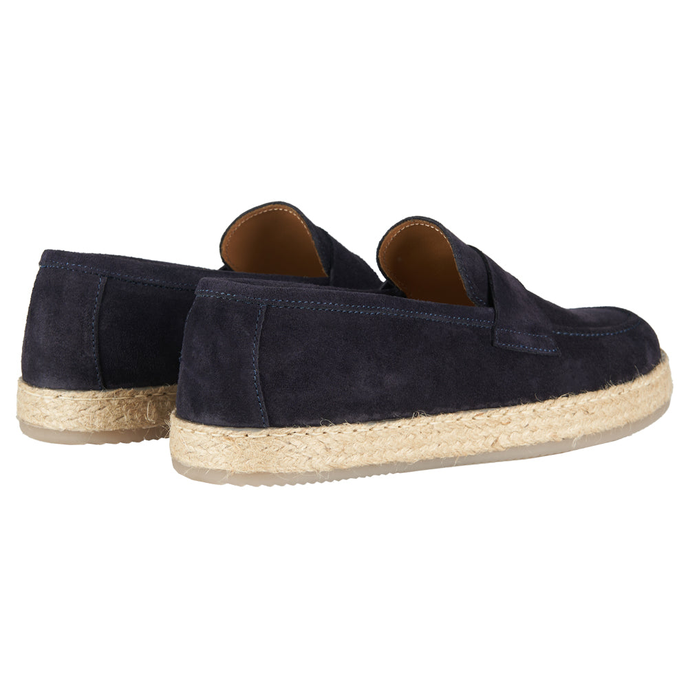 Mocassin en daim bleu avec semelle en corde caoutchoutée